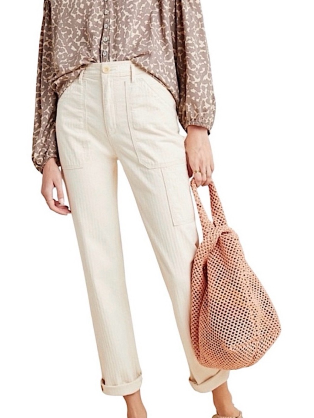 by Anthropologie Ivory Striped High Rise Straight Leg Carpenter Pants